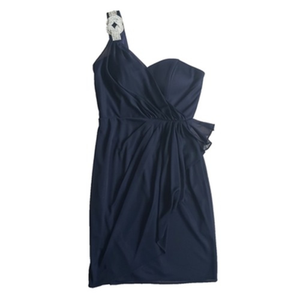 Xscape Evening Dress Womens 6 Navy One Shoulder Rhinestone Ruched Joanna Chen